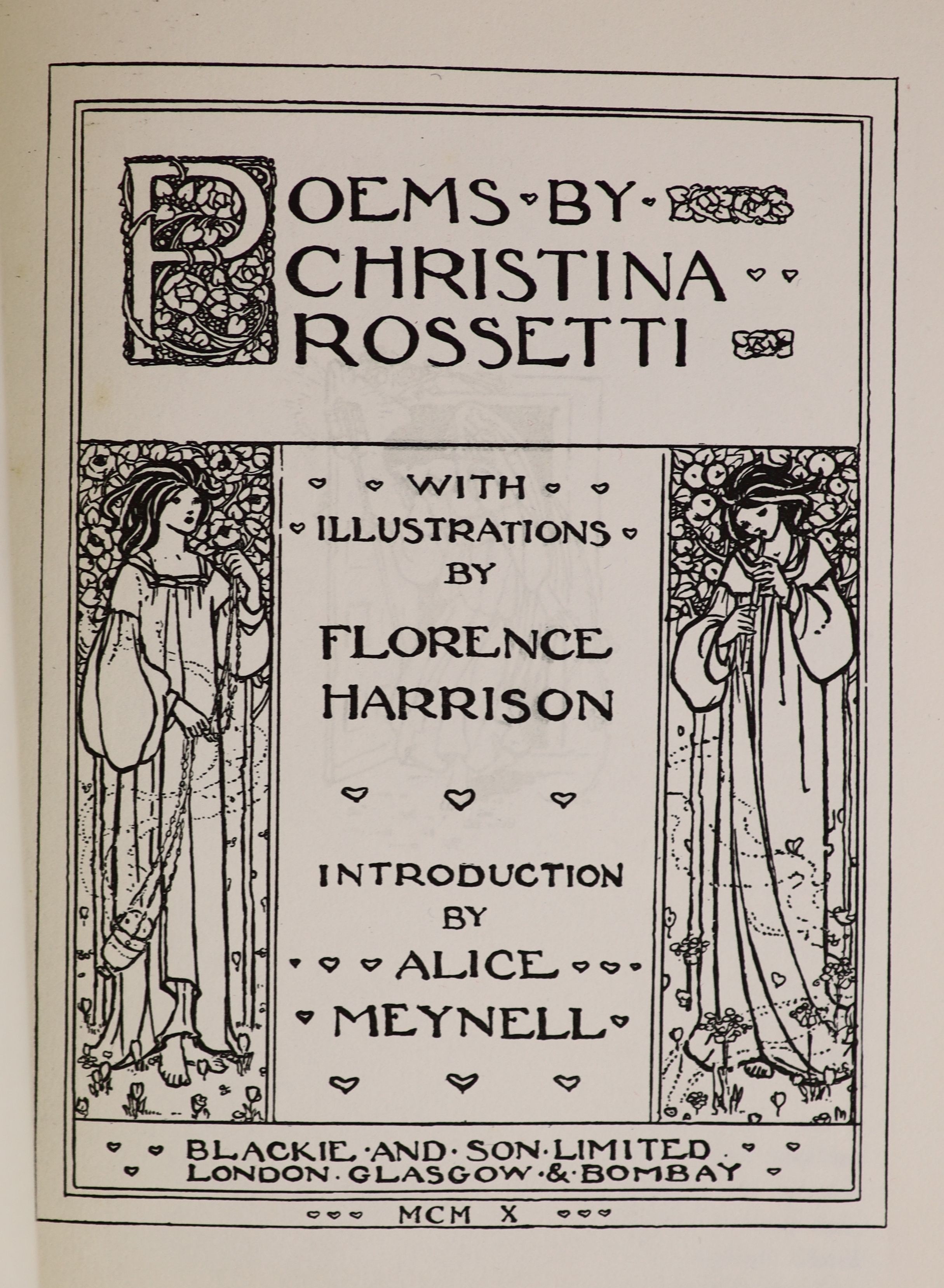 Rossetti, Christina Georgina - Poems, one of 350, illustrated and signed by Florence Harrison, introduction by Alice Meynell, 4to, original vellum gilt, with 35 (of36) tipped-in colour plates and 34 black and white plate